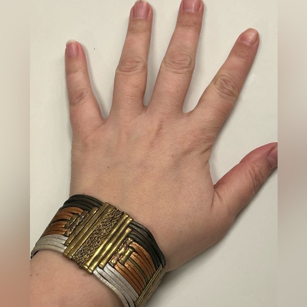 Vintage 70s 80s  Alexis Kirk leather and mixed metals bracelet / cuff